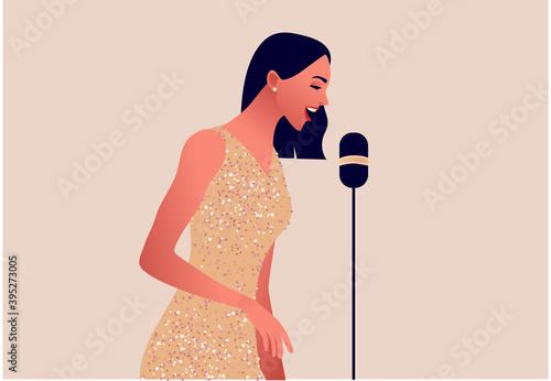 Elegant woman singing in microphone. Beautiful woman in party dress. Jazz or pop music. Vector illustartion. 