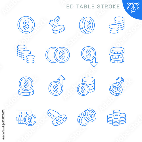 Coins related icons. Editable stroke. Thin vector icon set