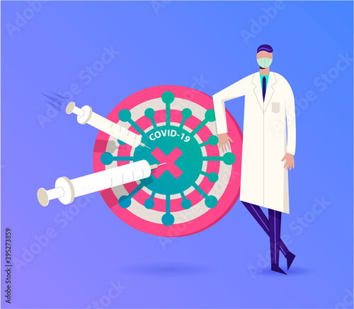 Vaccine and protection COVID-19 Coronavirus outbreak concept, Doctor wearing sanitary mask holding target to protect from COVID-19 coronavirus pathogens. Syringes with Vaccine defeat