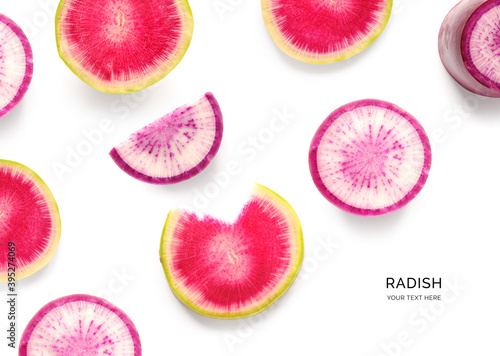 Creative layout made of different radish on a white background. Top view.  