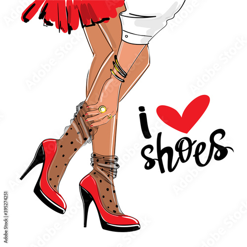 Girl in heels straightens her stockings. The inscription love shoes