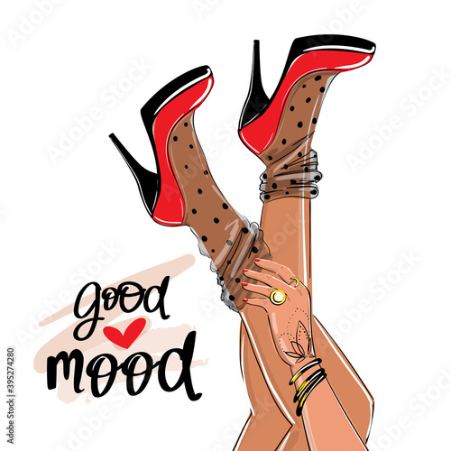 Girl in high heels in red shoes. Fashionable vector illustration. The trend is upside down. Beautiful girly stockings