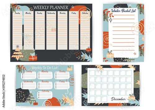 Winter Planner with geometric Christmas Decoration. New Year Bucket List in abstract background. Weekly To Do List on trend pastel color pattern. December Calendar for month for planner or notebook.