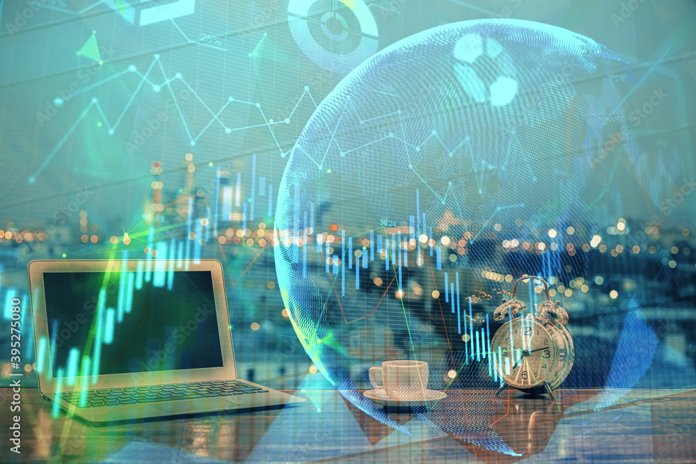Multi exposure of forex chart and work space with computer. Concept of international online trading. Multi exposure of forex chart and work space with computer. Concept of international online trading.
