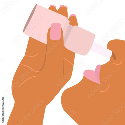Flat vector simple illustration of a woman who uses a cold spray. Nasal congestion spray, a remedy for the common cold