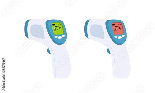 Body temperature check, hand holding infrared thermometers with normal and high fever.