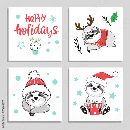 Christmas and New Year cards set with funny sloth bears. Vector cartoon illustration for winter holidays