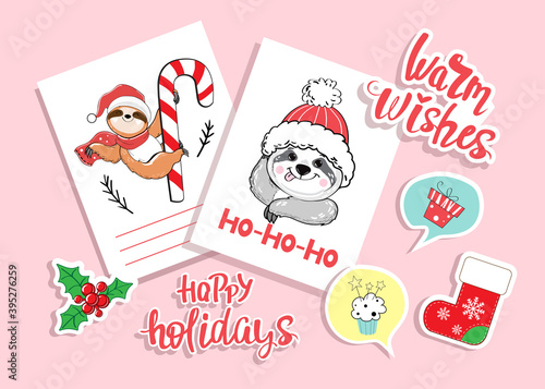 Christmas and New Year cards set with funny sloth bears. Vector cartoon illustration for winter holidays. Fashion patch badges