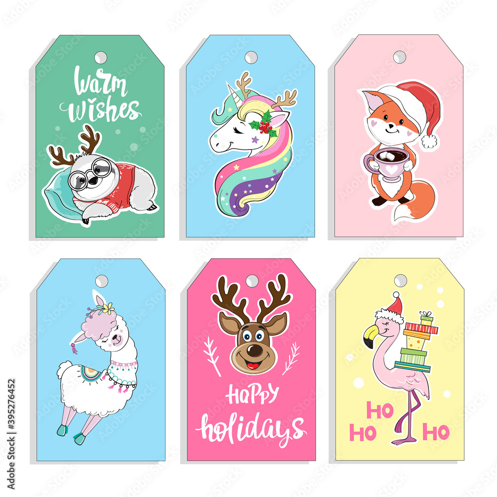 Christmas cards with funny animals. Unicorn, llama, fox and Christmas deer. Vector illustration Christmas cards with funny animals. Unicorn, llama, fox and Christmas deer. Vector illustration