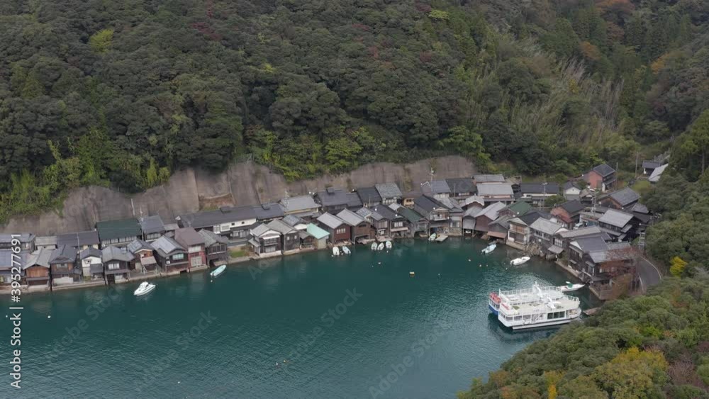 Ine Funaya Fisherman Houses Aerial Pan of Cove Ine Funaya Fisherman Houses Aerial Pan of Cove