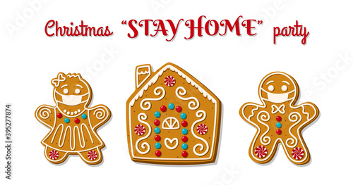Gingerbread man and woman in face mask on stay home party. Christmas homemade cookies. The symbol is new normal. Vector illustration