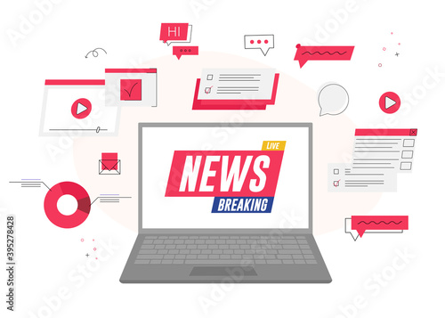 Breaking news on laptop background vector illustration cartoon flat design modern style 