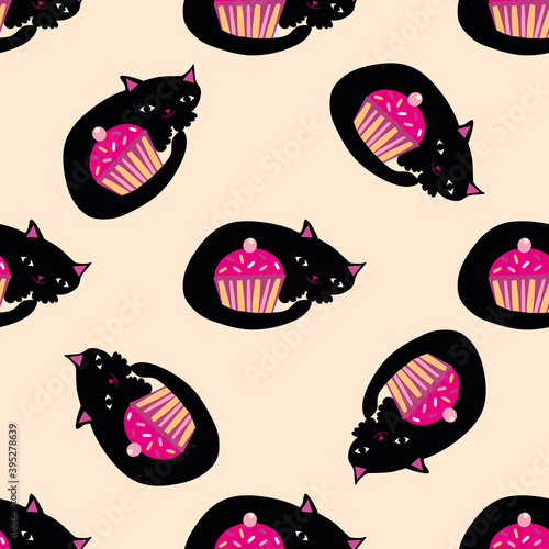 Cute kawaii black cats curled around pink cupcakes. Vector seamless pattern background. Backdrop with cartoon kitties guarding a muffin. Hand drawn pet illustration. Fun all over print for kids