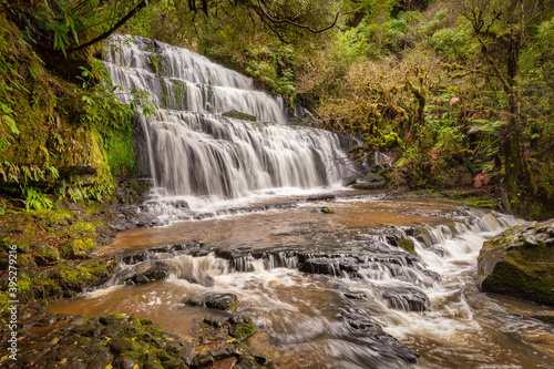 Puraukaunui Falls, a major visitor attraction in the Catlins area of Otago, New Zealand.