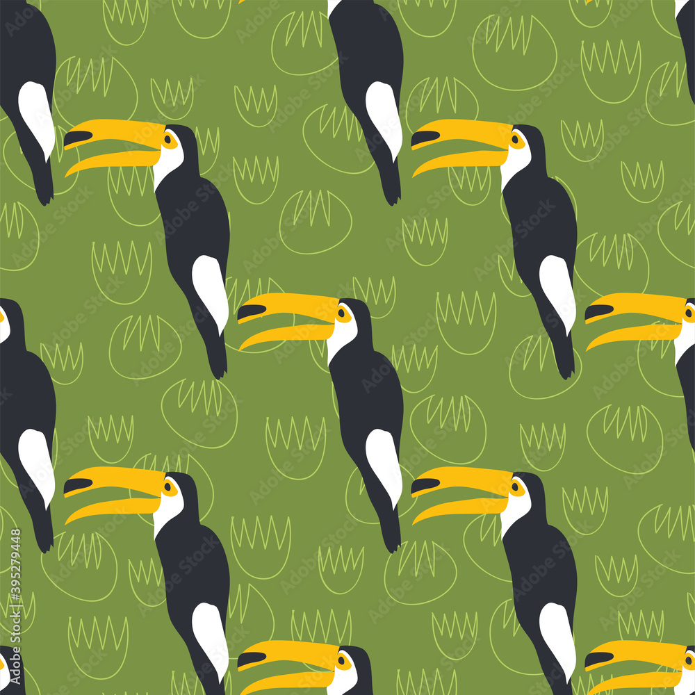 Fototapeta premium Cartoon toucan bird seamless pattern exotic animals wildlife