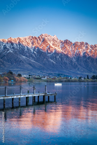Lake Wakatipu and The Remarkables at sunset, from Frankton, Otago, New Zealand.
