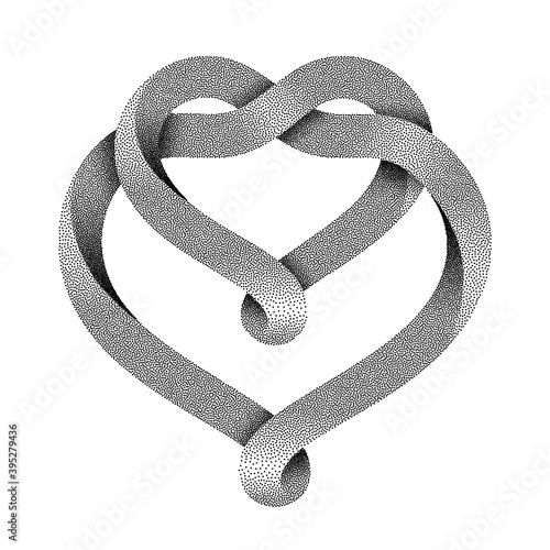 The sign of the union of two hearts made of intertwined stippled mobius strips. Symbol of infinite love. Vector illustration.