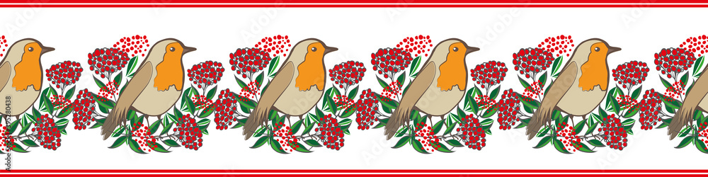 Elegant vector border with Robin Redbreast and cotoneaster berries and leaves. Banner with clusters of garden bird sitting amongst lush foliage and shrub fruit. Winter festive nature wildlife design