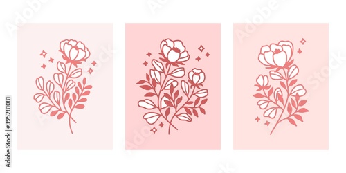 Hand drawn pink botanical flower card vector template vector illustration collection