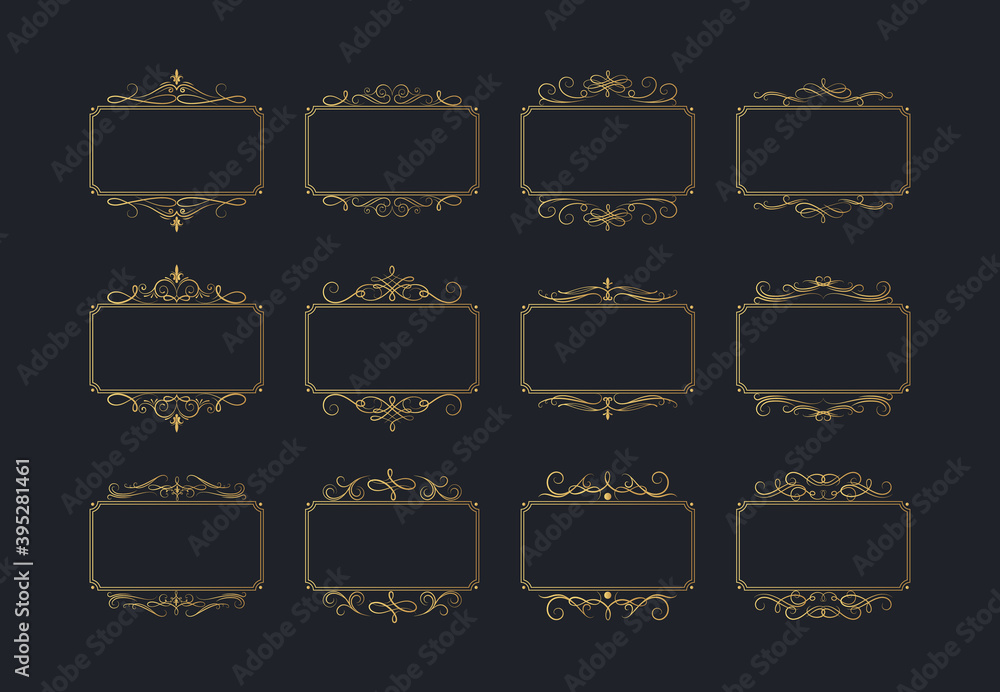 Big collection of hand drawn golden royal rectangular swirl borders in vintage style. Vector isolated gold luxury wedding invitation card templates. Certificate frames with filigree decor scrolls. Big collection of hand drawn golden royal rectangular swirl borders in vintage style. Vector isolated gold luxury wedding invitation card templates. Certificate frames with filigree decor scrolls.