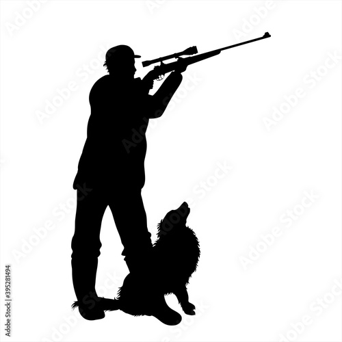 Vector silhouette of hunter with dog hunting with gun. Symbol of killing animals.