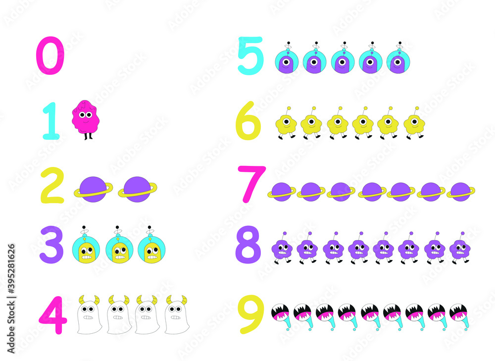 numbers for children with examples, from 0 to 9. Kids learning material. Number 0-9. numbers for children with examples, from 0 to 9. Kids learning material. Number 0-9.