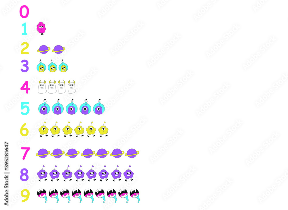 numbers for children with examples, from 0 to 9. Kids learning material. Number 0-9. numbers for children with examples, from 0 to 9. Kids learning material. Number 0-9.