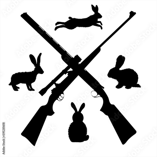 Vector silhouette of crossing guns like symbol of hunting of animals. Set of of hare.