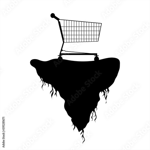 Vector silhouette of piece of land with empty shopping cart on white background. Symbol of crisis and planet.