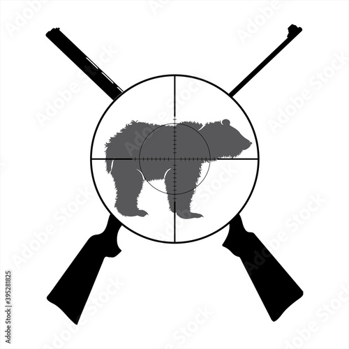 Vector silhouette of crossing guns like symbol of hunting. Bear in focus.