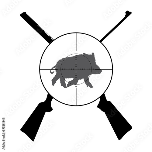 Vector silhouette of crossing guns like symbol of hunting. Wild boar in focus.