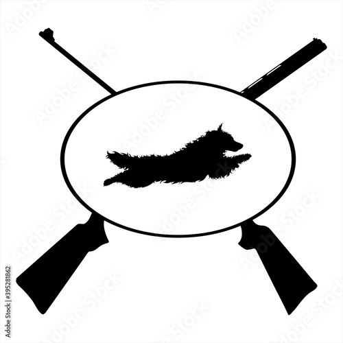 Vector silhouette of crossing guns like symbol of hunting. Jumping dog logo.