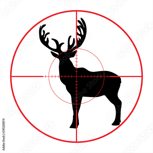 Vector silhouette of deer in rifle sight while hunting. The forest creatures in focus.