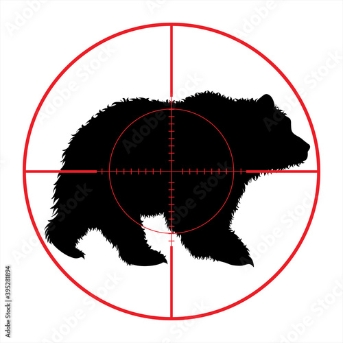 Vector silhouette of bear in rifle sight while hunting. The forest creatures in focus.