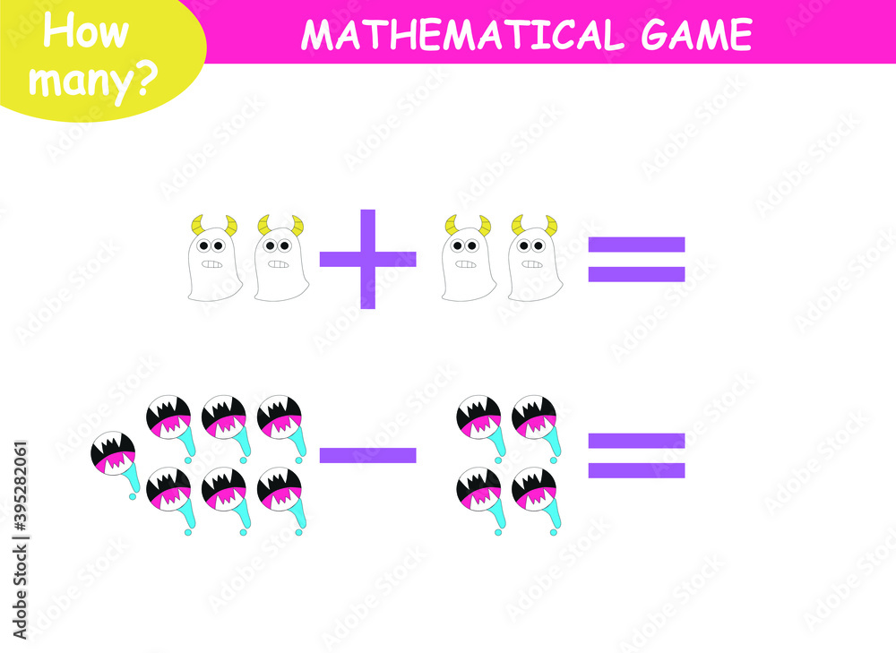 mathematical examples of addition and subtraction. educational page for children. cute aliens mathematical examples of addition and subtraction. educational page for children. cute aliens