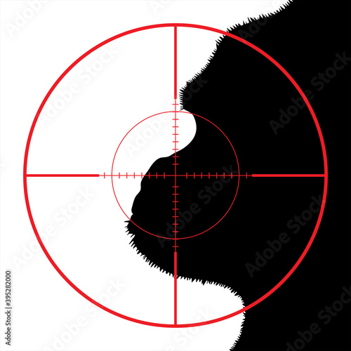 Vector silhouette of gorilla in rifle sight while hunting. The rain forest creatures in focus.