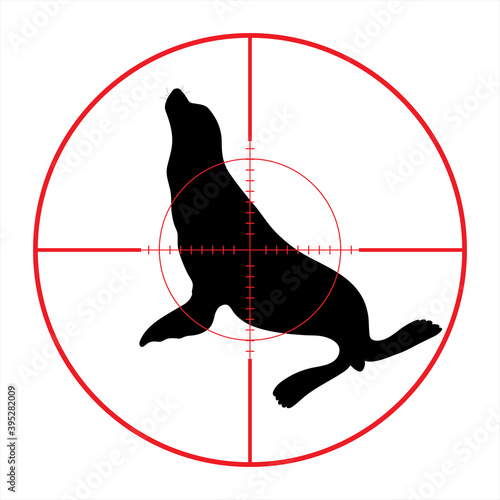 Vector silhouette of sea lion in rifle sight while hunting. The ocean creatures in focus.