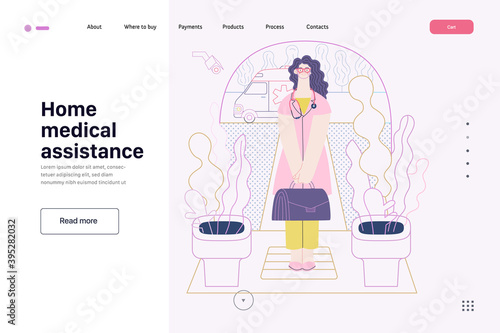 Medical insurance template -home medical assistance -modern flat vector concept digital illustration -nurse standing at the private residence entrance door Home medical service, part of insurance plan