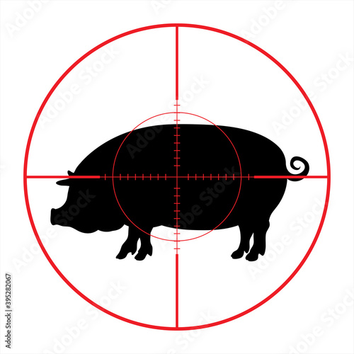 Vector silhouette of pig in rifle sight on slaughterhouse. The farm creatures in focus.