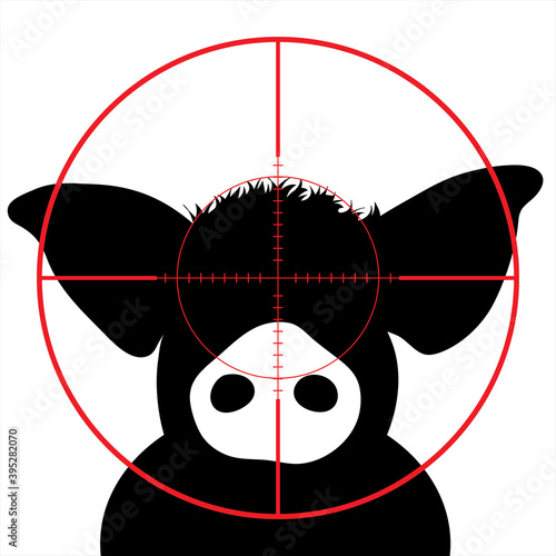 Vector silhouette of pig in rifle sight on slaughterhouse. The farm creatures in focus.