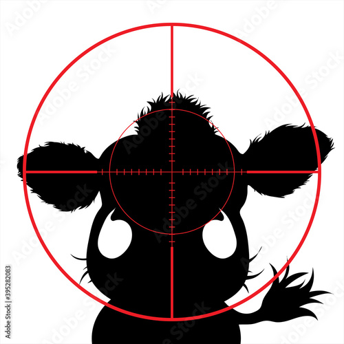 Vector silhouette of cow in rifle sight on slaughterhouse. The farm creatures in focus.