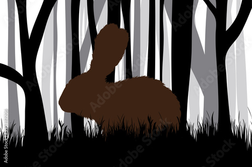 Vector silhouette of forest black and white with hare. Symbol of animal and hunt.