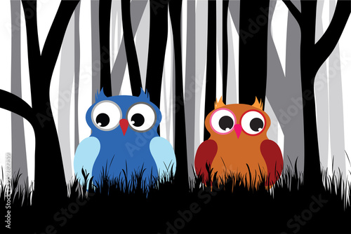 Vector silhouette of forest black and white with owls. Symbol of animal.