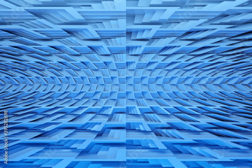 3d illustration of rows of blue cubes and stripes.Parallelogram pattern. Technology geometry background. Geometric seamless pattern with fading lines