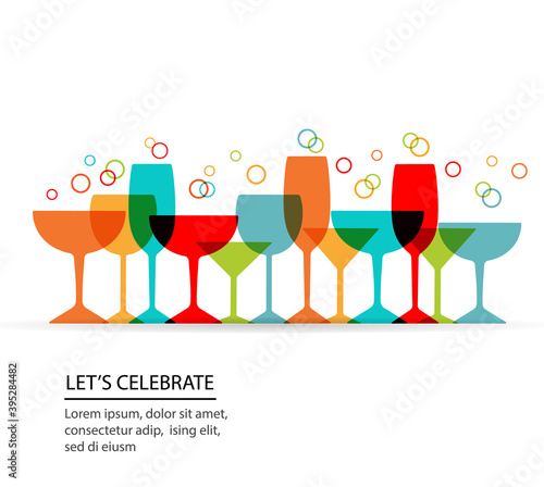Colorful celebration background with different drinks glasses, champagne, martini, wine and bubbles. Let’s celebrate text with copy space