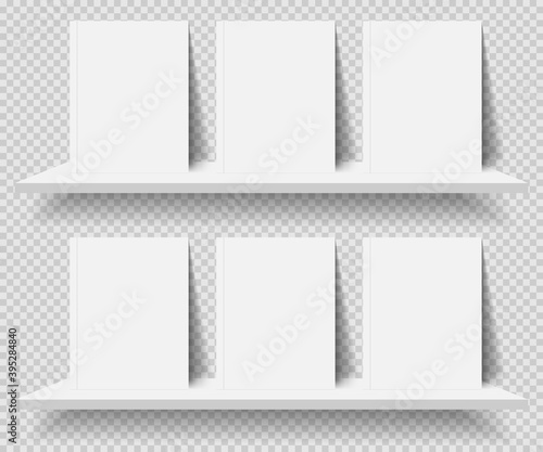 Bookshelf and books with blank covers on transparent background.