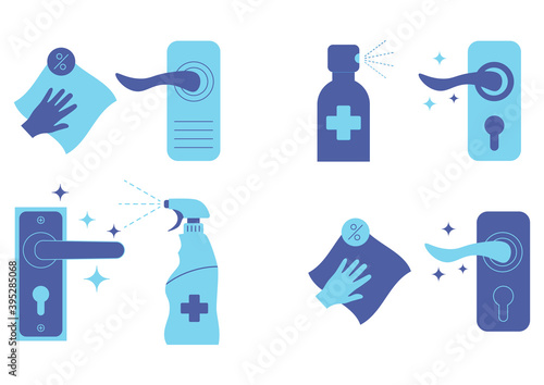 Door knob disinfection. Use a spray antiseptic to prevent the spread of disease. Door handles and antibacterial spray. Sanitizing spray and wipe cleaning and disinfecting a door handle