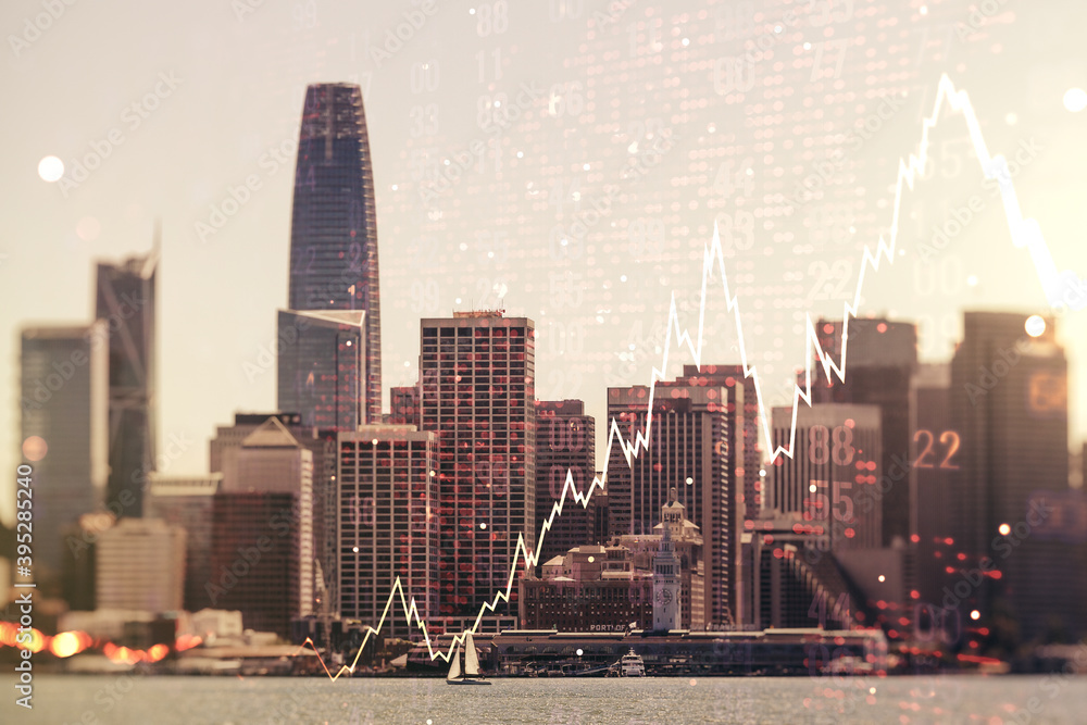 Obraz premium Multi exposure of abstract financial diagram and world map on San Francisco office buildings background, banking and accounting concept