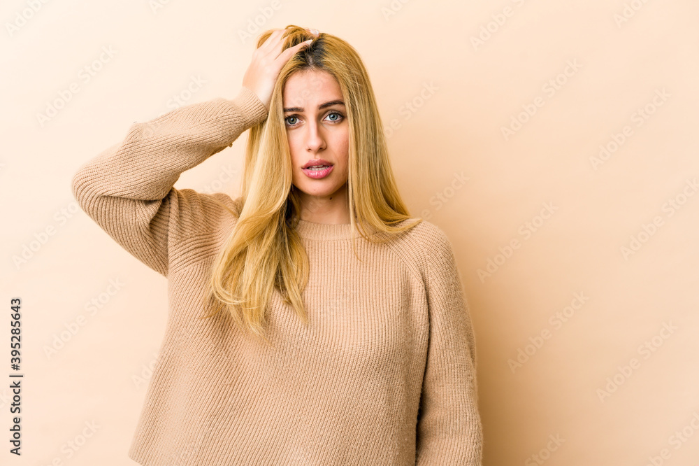 Young blonde caucasian woman being shocked, she has remembered important meeting. Young blonde caucasian woman being shocked, she has remembered important meeting.