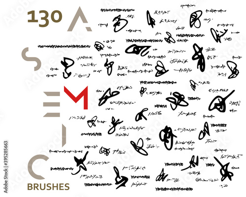 Set of 130 asemic brushes with unique shapes + editable raw vector for writing, poetry, script, contemporary painting, calligraphy, abstract arts, grunge strokes, scribbles. Create using AI CS6.